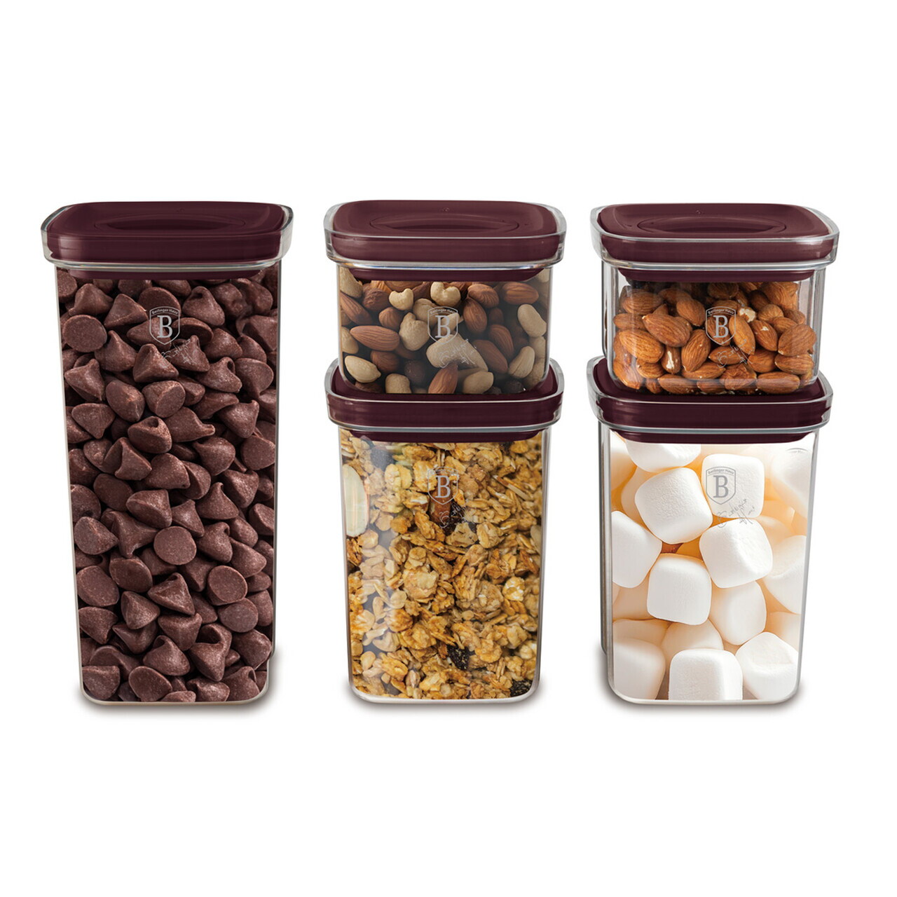 Set 5 recipiente depozitare Berlinger Haus, Leonardo, 460 ml / 1.1 L / 1.5 L, plastic, transparent/visiniu - imagine 9