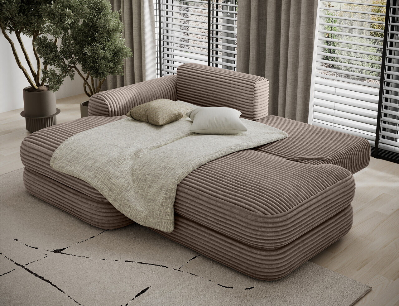 Coltar extensibil stanga 3 locuri ELTAP, Ripeli, 217x175x96 cm, lemn/catifea din poliester, maro deschis — imaginea 6