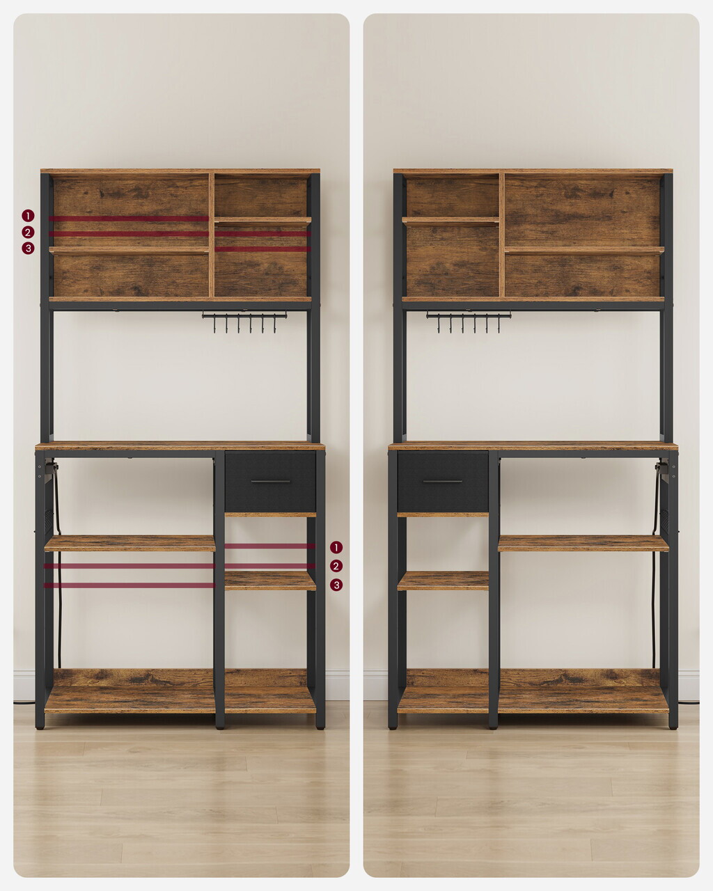 Dulap de bucatarie cu priza, Vasagle, 80x40x180.4 cm, PAL/otel, maro/negru - imagine 4