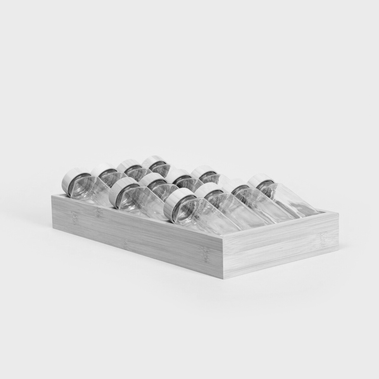 Set 12 recipiente pentru condimente si suport Forcina, Homla, 110 ml, 40x20x11 cm, bambus/sticla, natur/transparent