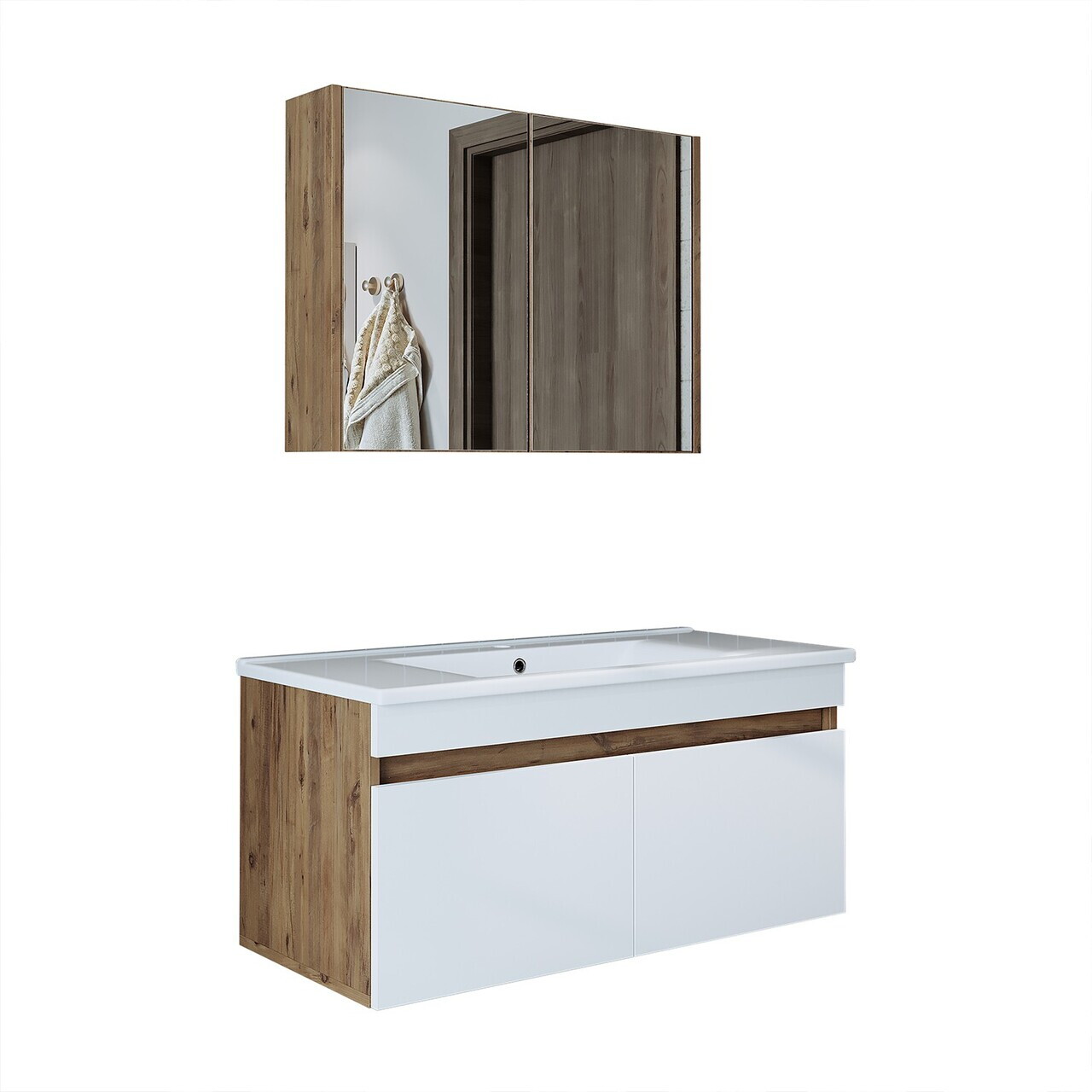 Set Dulap de Baie cu Chiuvetă și Oglindă (2 Piese), Hanah Home, 1903, MDF-LAM, Pin Atlantic / Alb Mat — imaginea 6