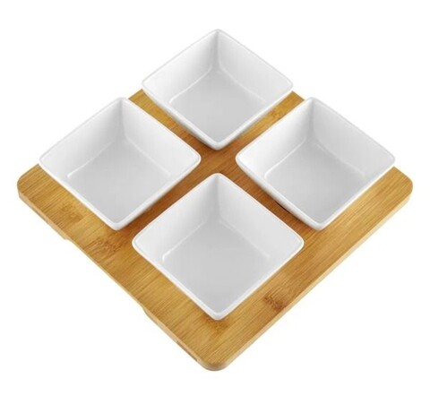 Set boluri aperitive 5 piese Square Natural, Ambition, 25x25 cm, portelan/bambus, alb