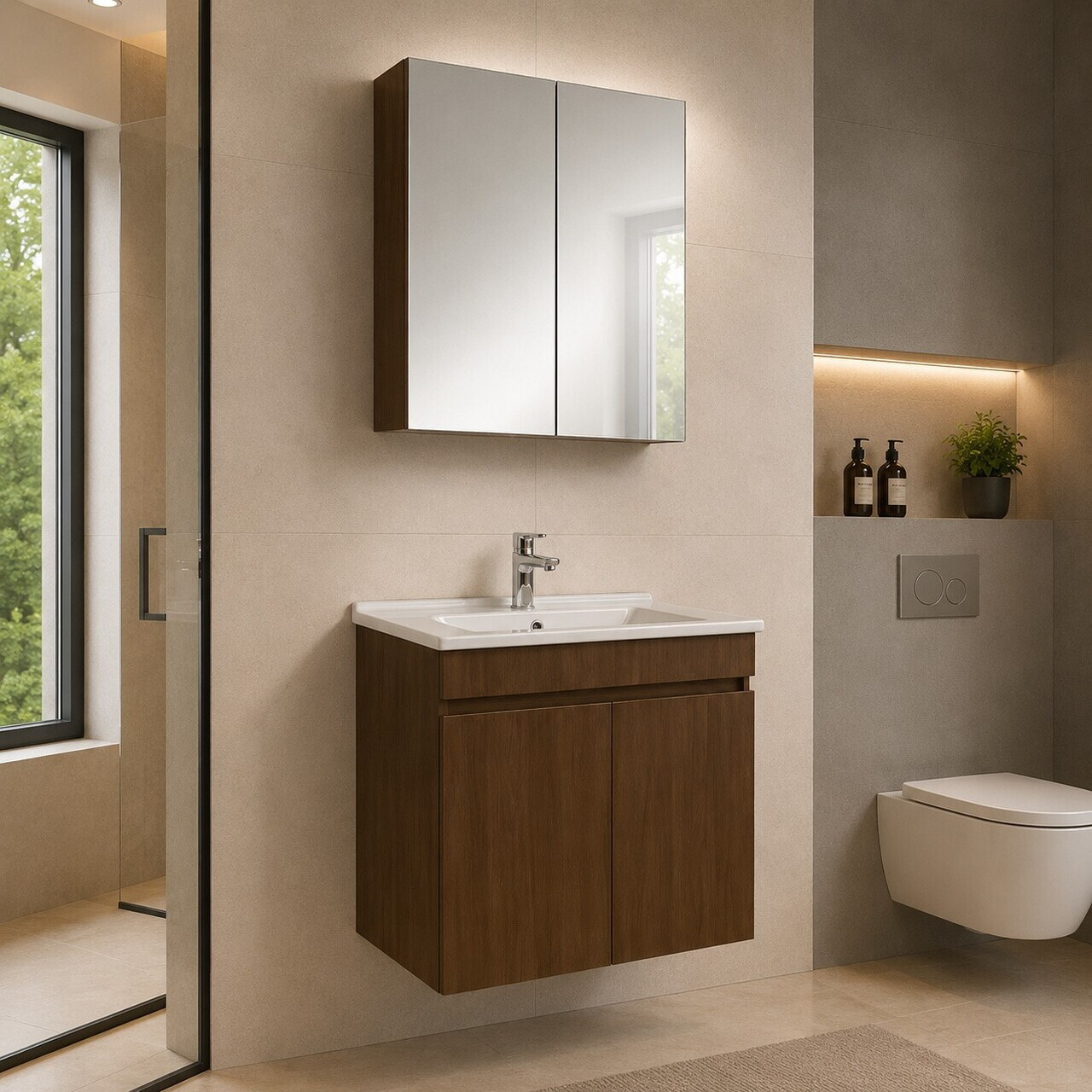 Set Dulap de Baie cu Chiuvetă și Oglindă (2 Piese), Hanah Home, Fold 60, Nuc închis nou