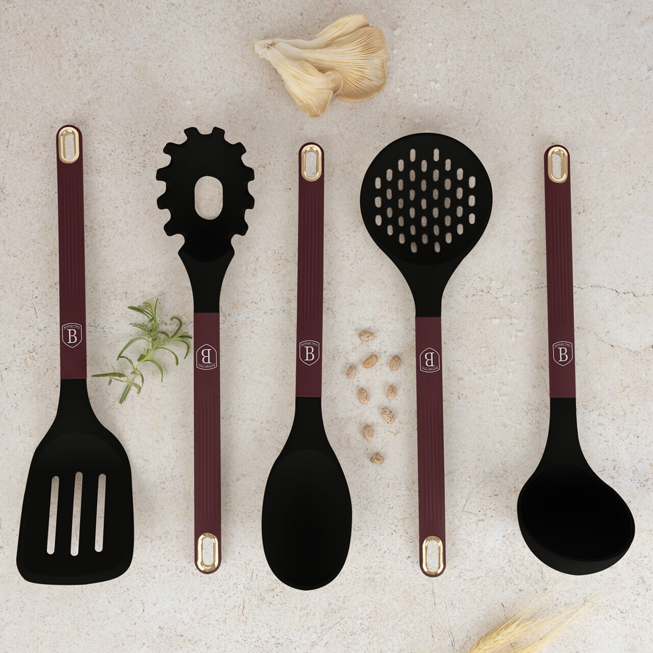 Set 5 ustensile de bucatarie cu suport, Berlinger Haus, Leonardo, nailon/plastic, visiniu mat/negru - imagine 2