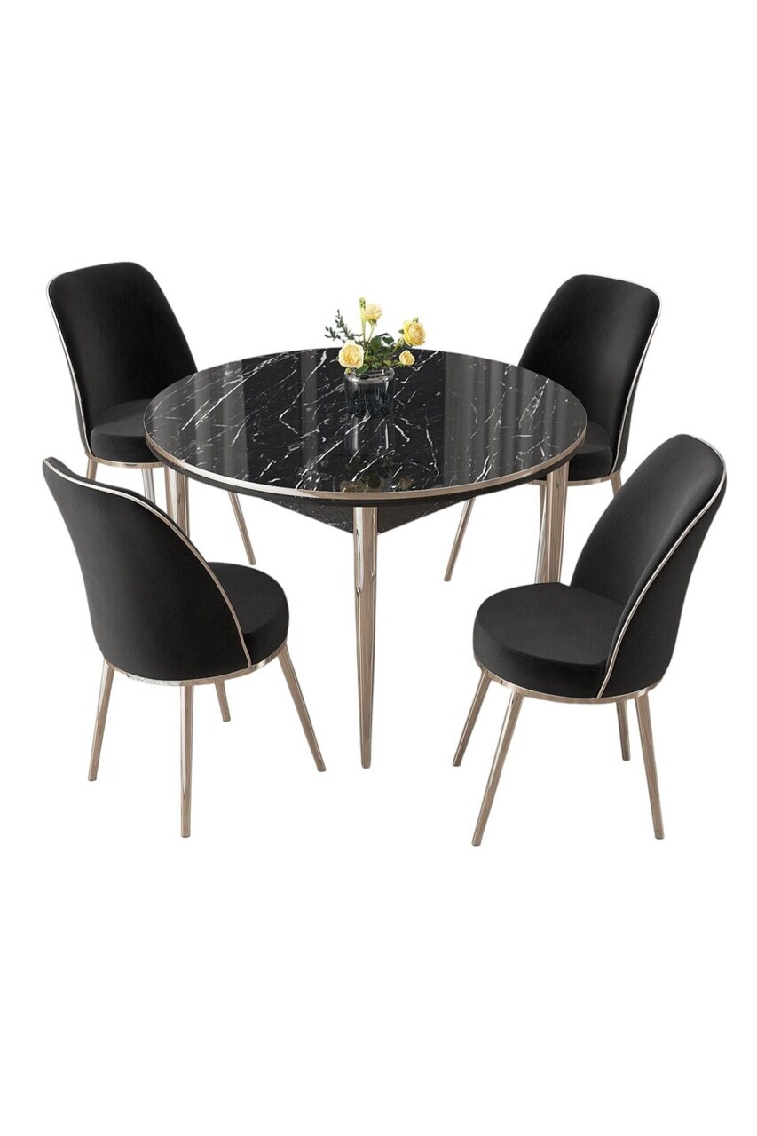 Set masa si scaune (5 piese), Hanah Home, Osle, Model de marmură neagră / Crom / Negru — imaginea 2