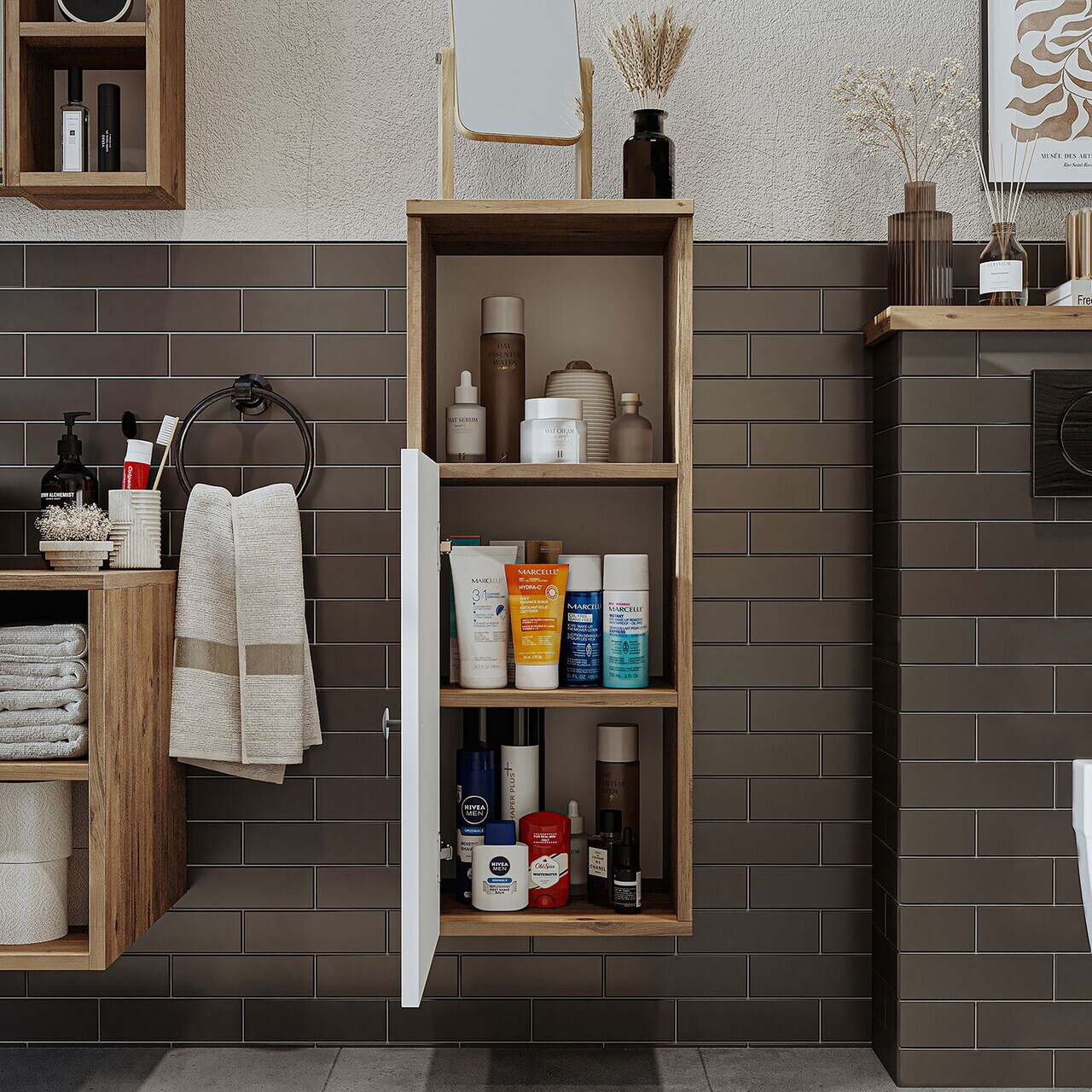 Dulap de baie, Hanah Home, 2468, 35x90x30 cm, MDF, Pin Atlantic / Alb — imaginea 4