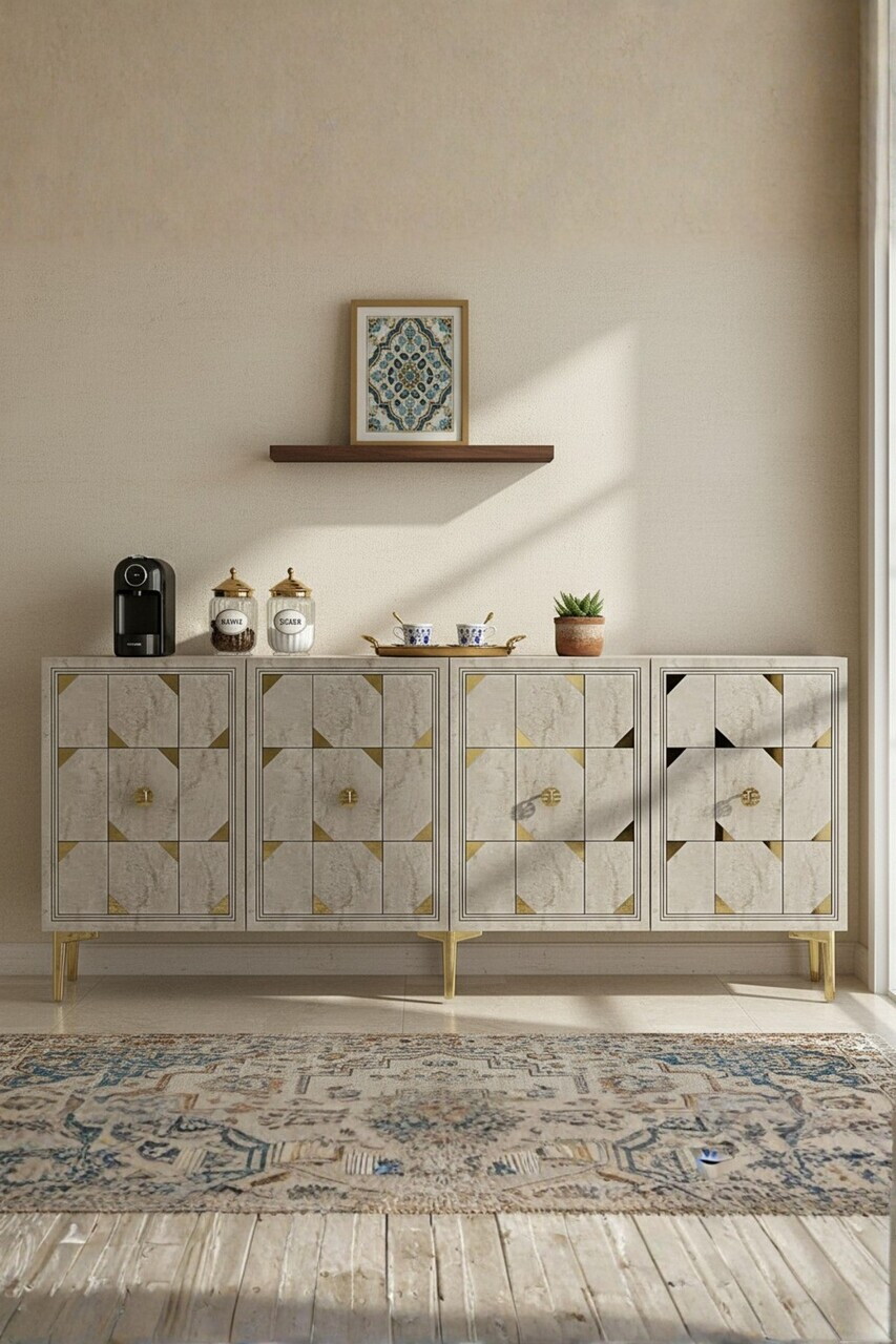 Consola, Hanah Home, Moka 150, 150x75x32 cm, White / Travertine / Gold — imaginea 2