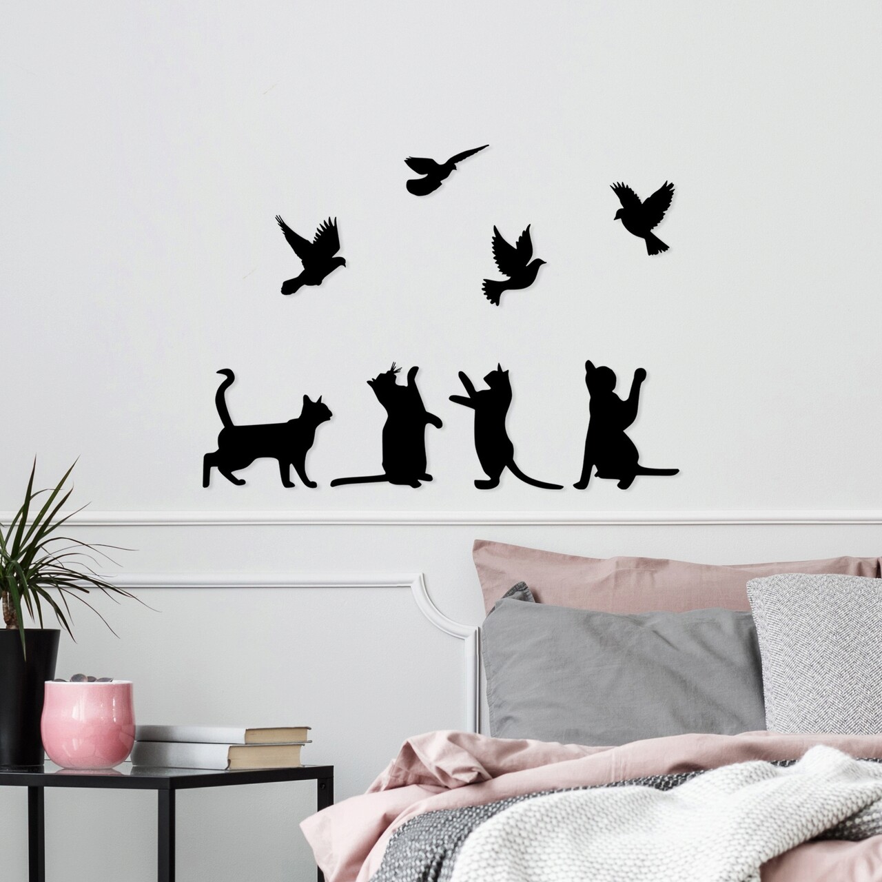 Decoratiune de perete, Birds Playing With Cats, Metal, Dimensiune: 110 x 79 cm, Negru