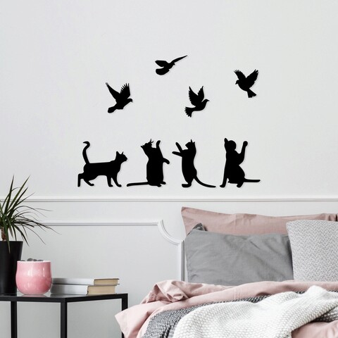 Decoratiune de perete, Birds Playing With Cats , Metal, Dimensiune: 110 x 79 cm, Negru