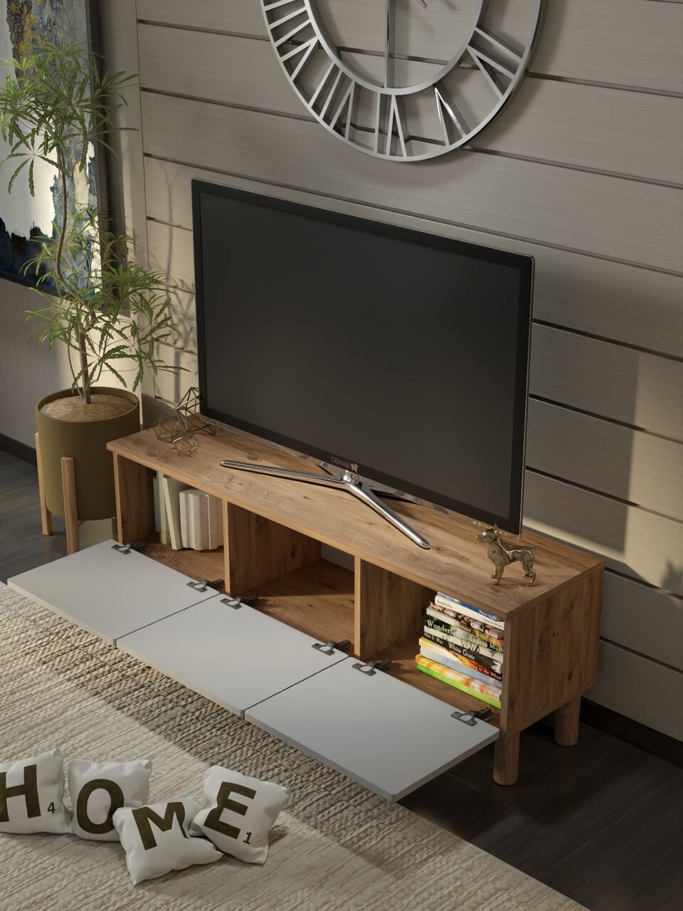 Comoda TV, Hanah Home, Bellora 135, 135x47x35 cm, PAL, Pin Atlantic / Alb - view 3