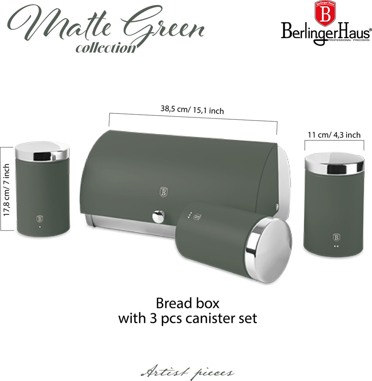 Set cutie pentru paine si 3 recipiente Berlinger Haus, Matte Green, 38.5x28x18.5 cm, inox, verde mat/argintiu - imagine 6