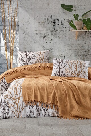 Set cuvertura de pat dubla pique, 4 piese, 220x240 cm, 100% bumbac, saheser, polka, galben mustar