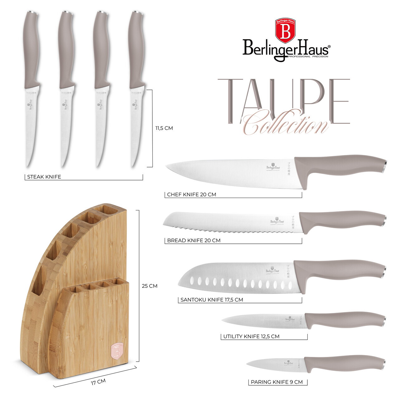 Set 9 cutite cu suport Berlinger Haus, Taupe, inox/bambus, taupe mat/natur - view 11
