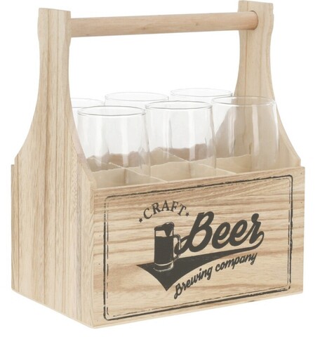 Set 6 pahare pentru bere cu suport, 400 ml, 6.7x18 cm, sticla/lemn