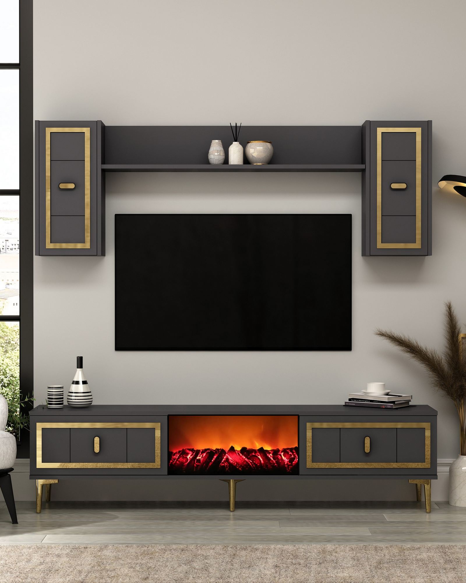 Comoda TV, Hanah Home, Orion Fireplace, 150x44.6x29.6 cm, PAL , Antracit / Aur