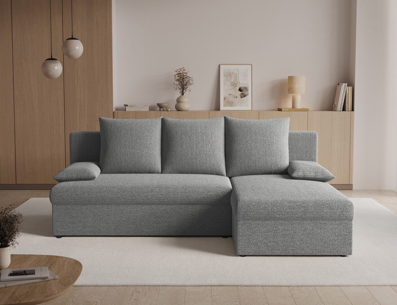 Coltar extensibil reversibil 3 locuri ELTAP, Gino, 201x143x90 cm, lemn/poliester, gri deschis — imaginea 2