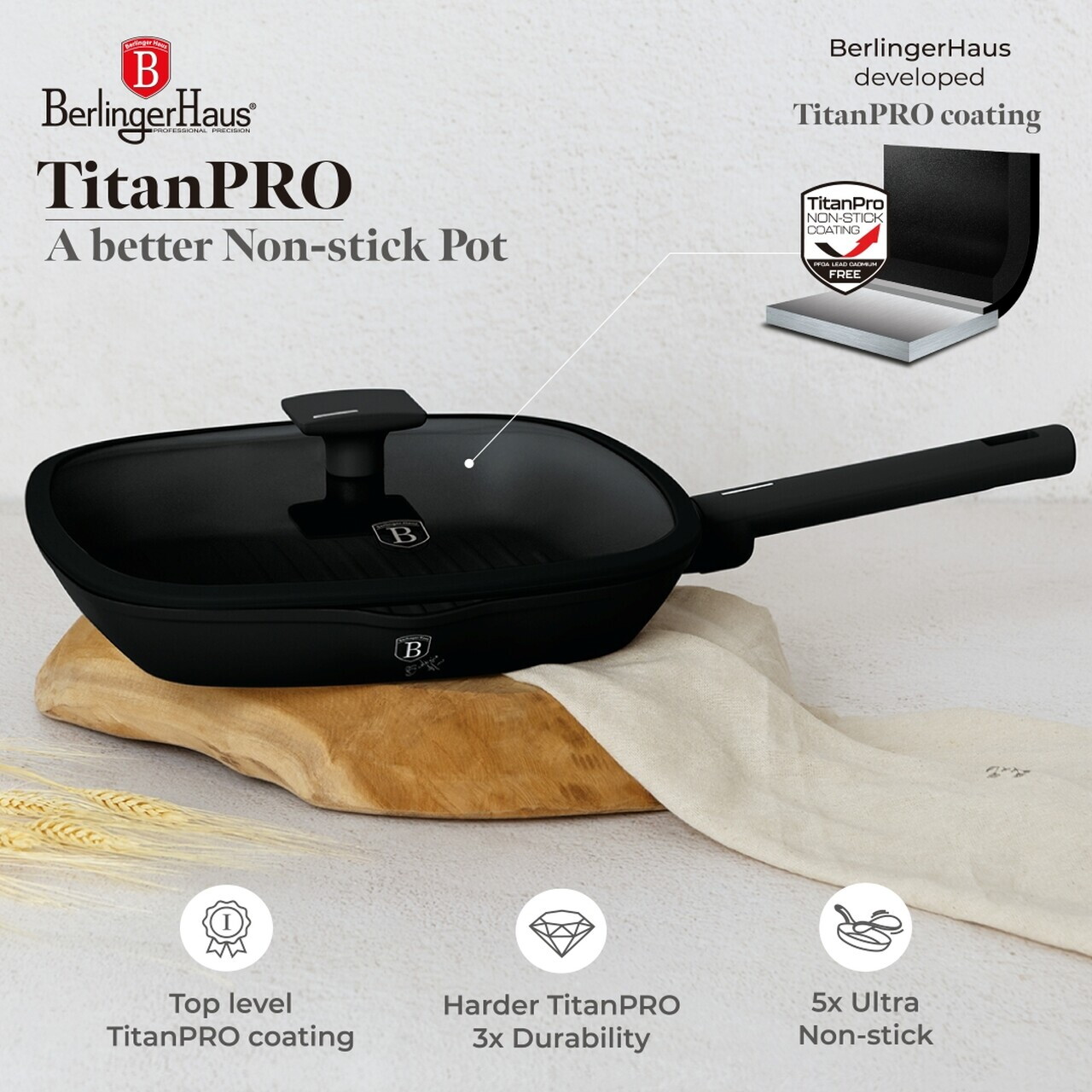 Tigaie grill cu capac Berlinger Haus, Matte Black, 28 cm, 2.1 L, aluminiu forjat, negru - imagine 7