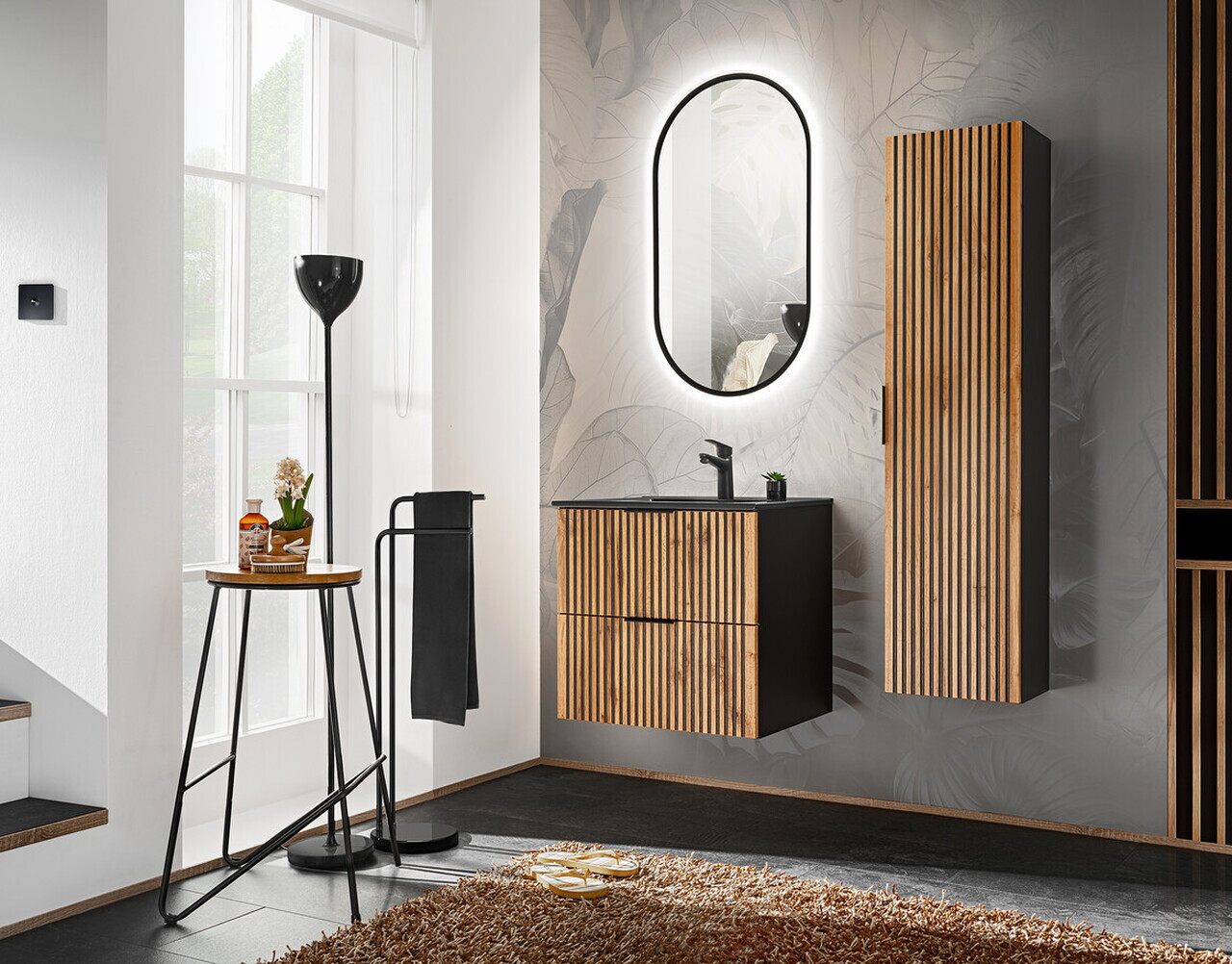 Set dulap de baie cu lavoar si sifon, 60 cm Lava, Xilo Black, Comad, MDF/PAL laminat, stejar wotan/ gri piatra — imaginea 3