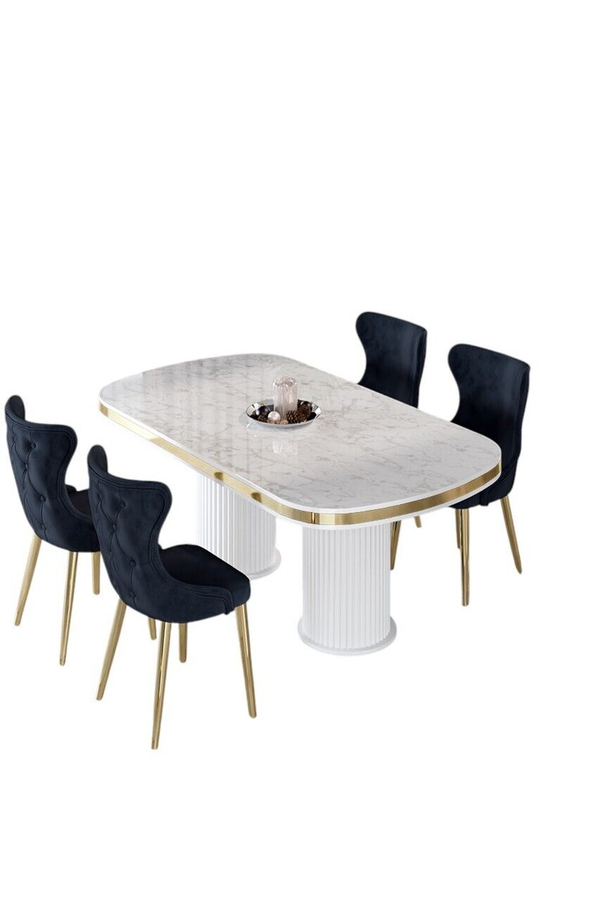 Set masa si scaune (5 piese), Hanah Home, Galya, Model de marmură albă / Auriu / Antracit — imaginea 2