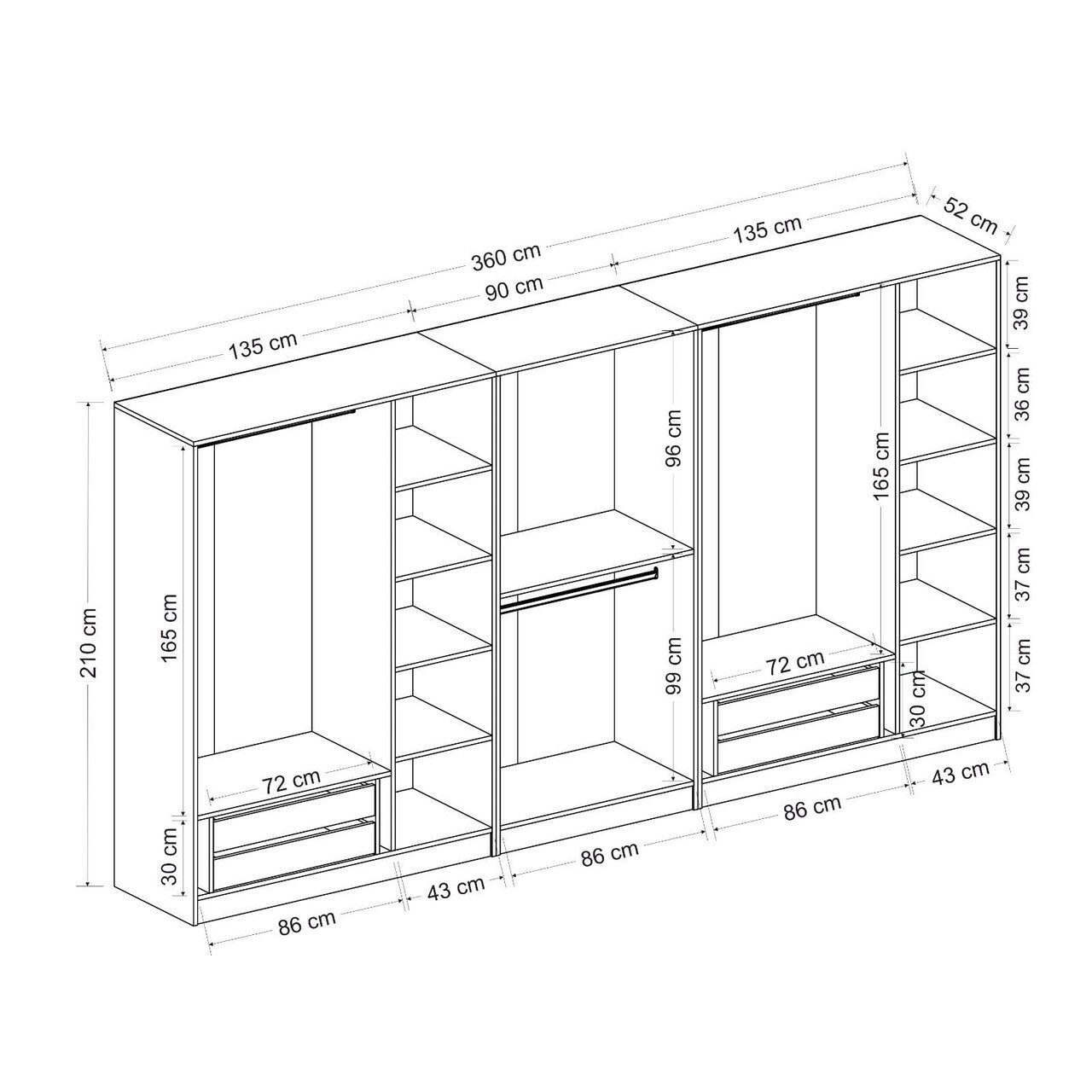Dulap pentru haine, Hanah Home, Nisa, 360x210x52 cm, Antracit — imaginea 8