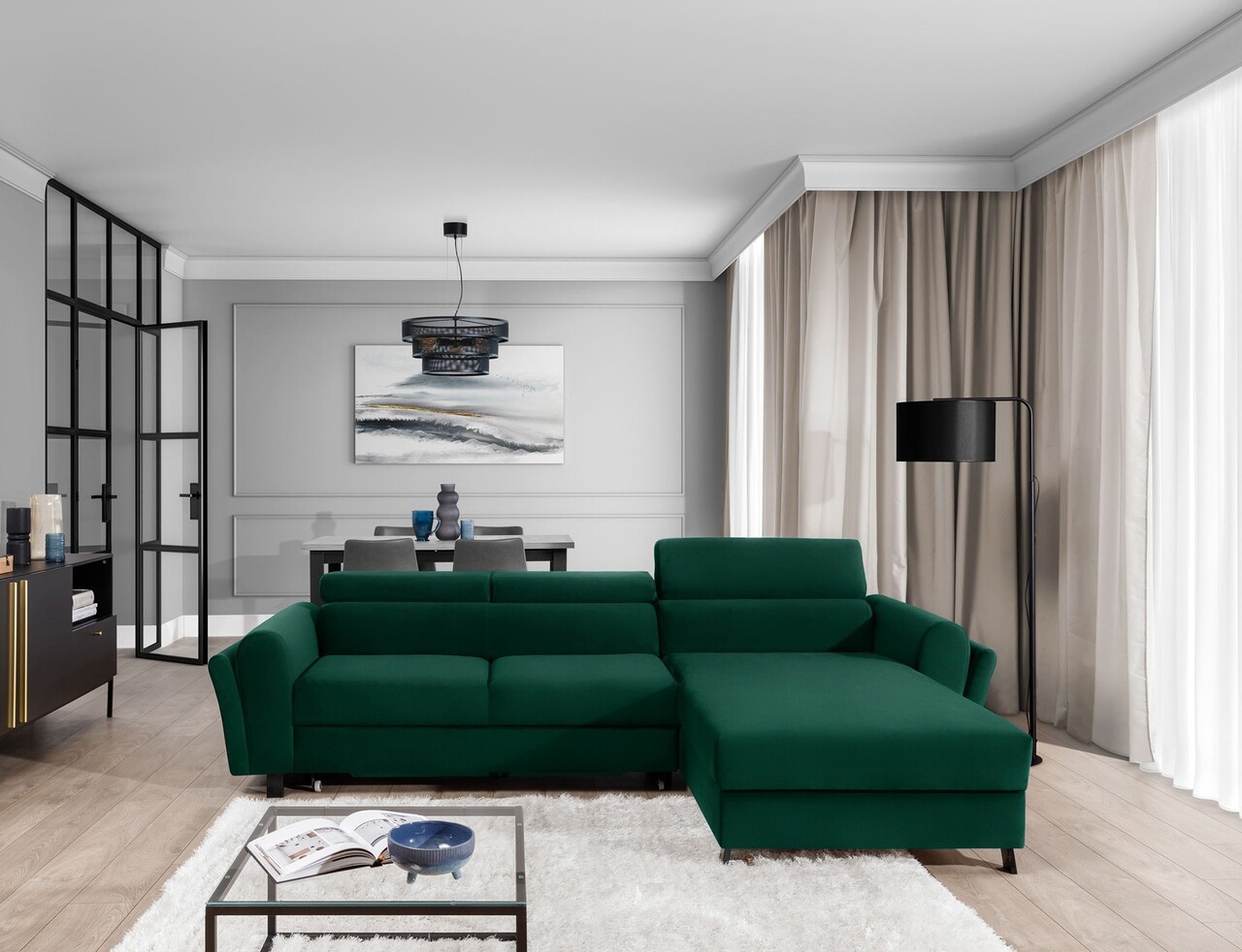 Coltar extensibil dreapta 4 locuri ELTAP, Mari-26, Mariall, 288x200x92 cm, lemn/poliester, verde inchis
