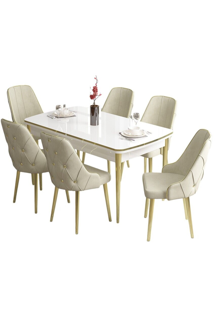Set masa si scaune (7 piese), Hanah Home, Tia, Alb / Auriu / Crem — imaginea 2