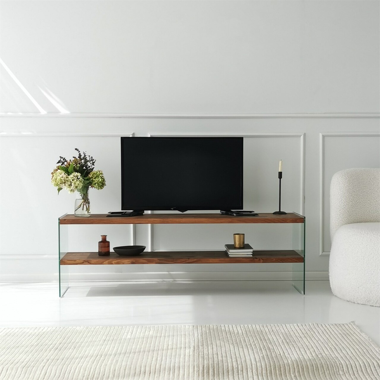 Comoda TV, Neostill, Aqua TV, 140x45x35 cm, Sticla temperata, Natural - 2 | YEO
