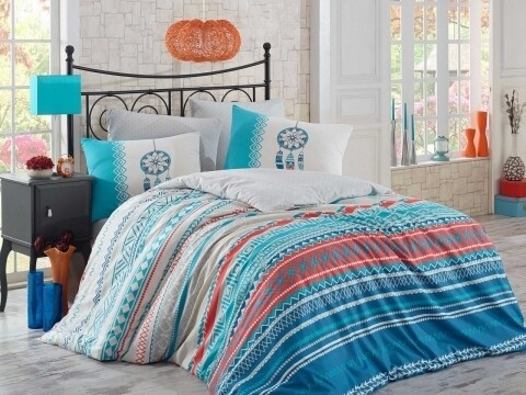 Lenjerie de pat dubla, 4 piese, 100% bumbac ranforce, Hobby, Eva Turquoise, multicolora