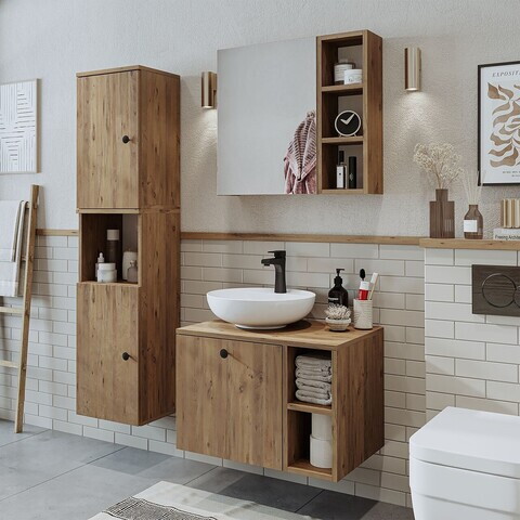 Set Dulap de Baie cu Chiuvetă și Oglindă (3 Piese), Hanah Home, 2483, MDF, Maro