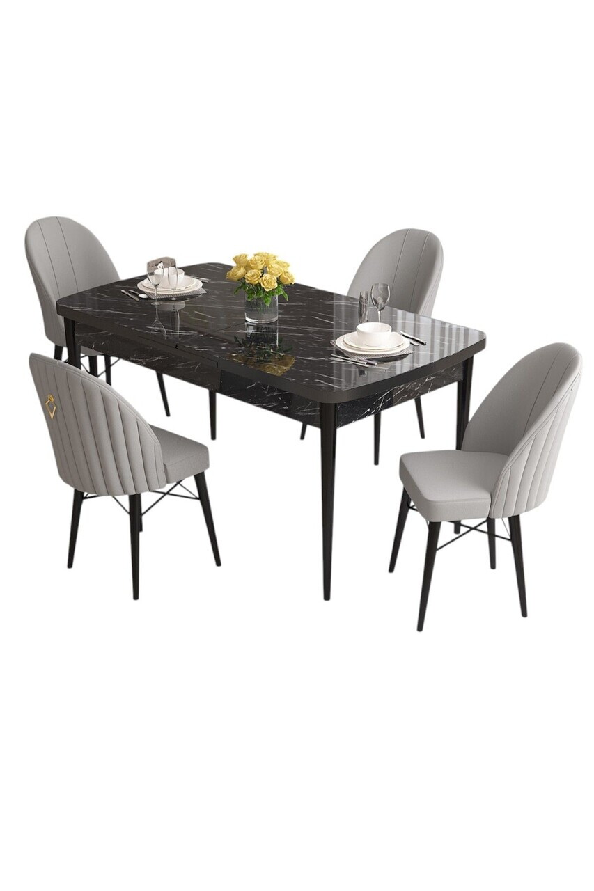 Set masa extensibila si scaune (5 piese), Hanah Home, Roz, Model de marmură neagră / Gri — imaginea 2