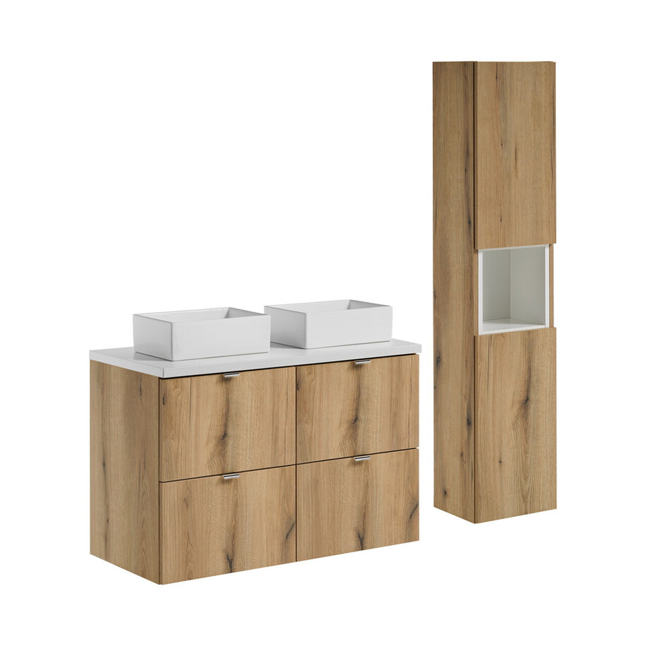 Set mobilier baie Nova Oak 100 cm, dulap inalt si masca dubla cu lavoar, Comad, MDF/PAL, stejar/alb
