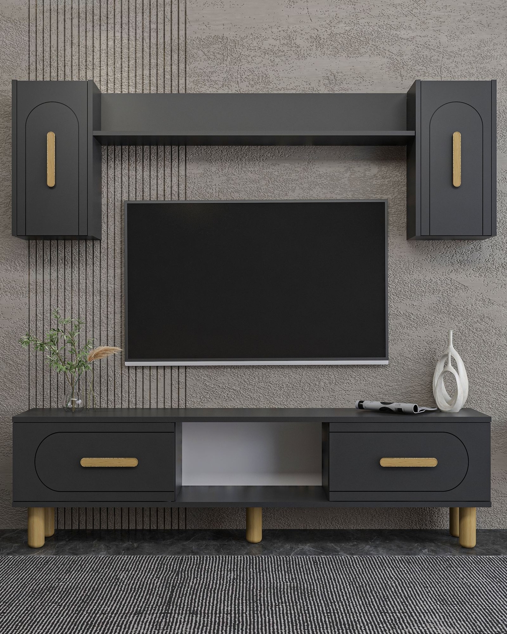 Comoda TV, Hanah Home, Yosun Bohem, 150x44.6x29.6 cm, PAL , Stejar antracit / safir