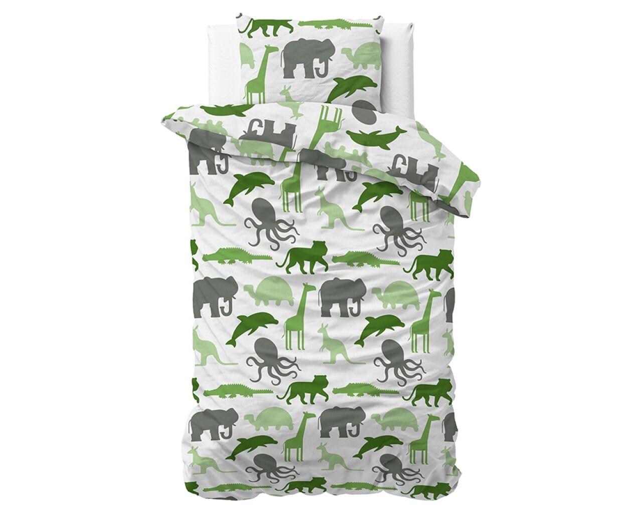 Lenjerie De Pat Pentru O Persoana, Small Dino Green, Royal Textile, 2 Piese, 140 X 200 Cm, 100% Bumbac Flanel, Alb/verde