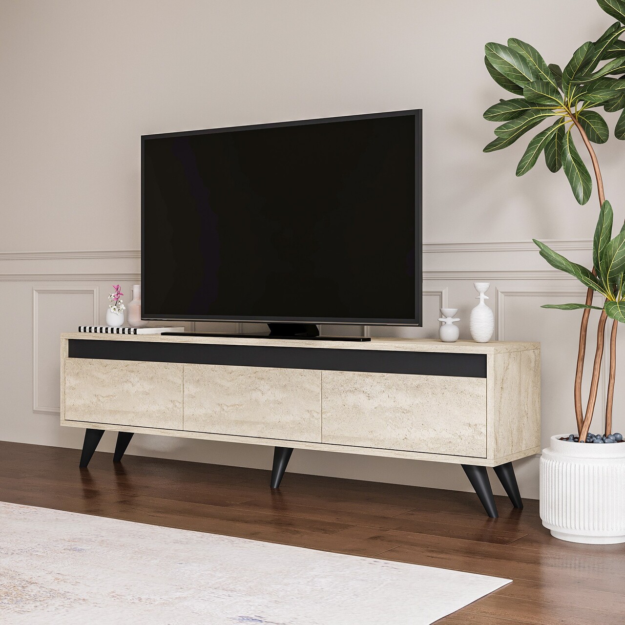 Comoda TV, Odessa, Century, 150x29.6x45 cm, Travertin / Antracit - 2 | YEO