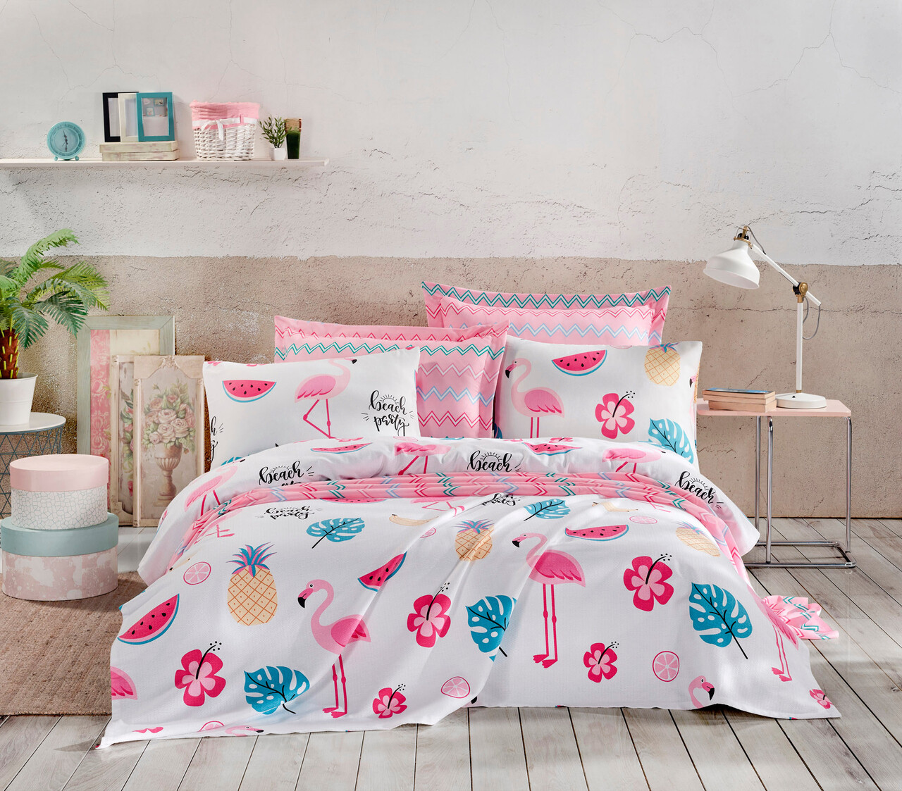 Set cuvertura pique dubla, Kokteyl - White, EnLora Home, Bumbac