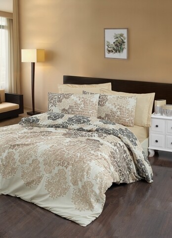 Lenjerie de pat dubla King(FR) Maderia, Victoria, 3 piese, 240×220 cm, bumbac satinat, bej Lenjerii de Pat