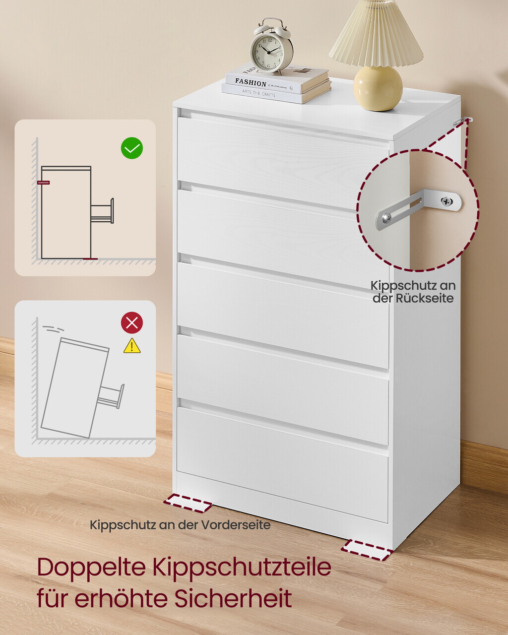 Comoda cu 5 sertare Kailyn, Songmics, 60x40x97.4 cm, PAL/MDF, alb - imagine 3