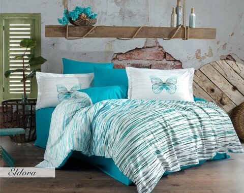 Lenjerie de pat dubla king, 3 piese, 220x240 cm, 100% bumbac poplin, hobby, eldora, turcoaz