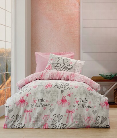 Lenjerie de pat pentru o persoana Young, 3 piese, 160x220 cm, 100% bumbac ranforce, Cotton Box, Ballerina, roz