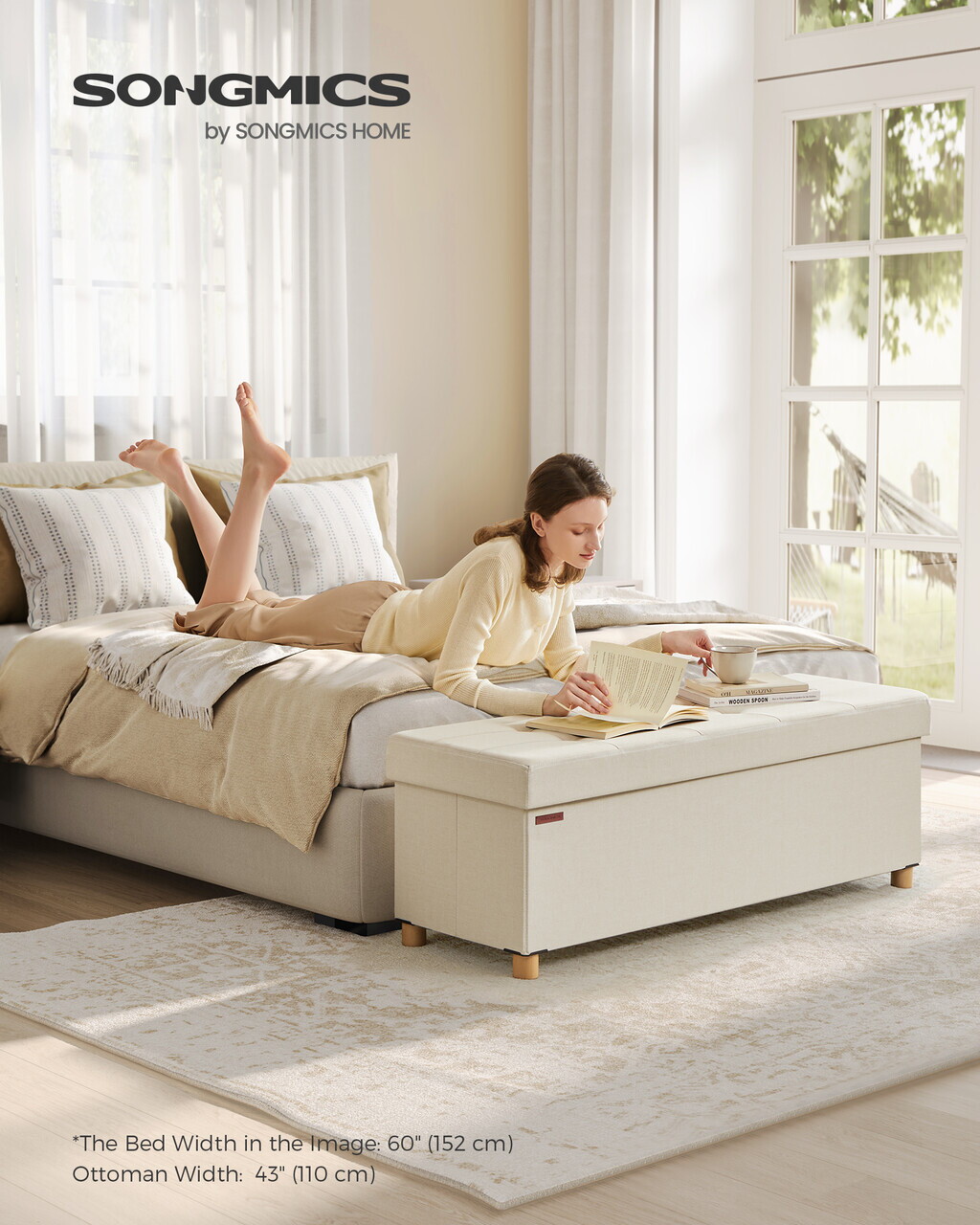 Bancheta cu spatiu pentru depozitare,  Ottoman Bench, Songmics, max 300 kg, 110x38x40 cm, MDF/textil cu aspect de in, crem