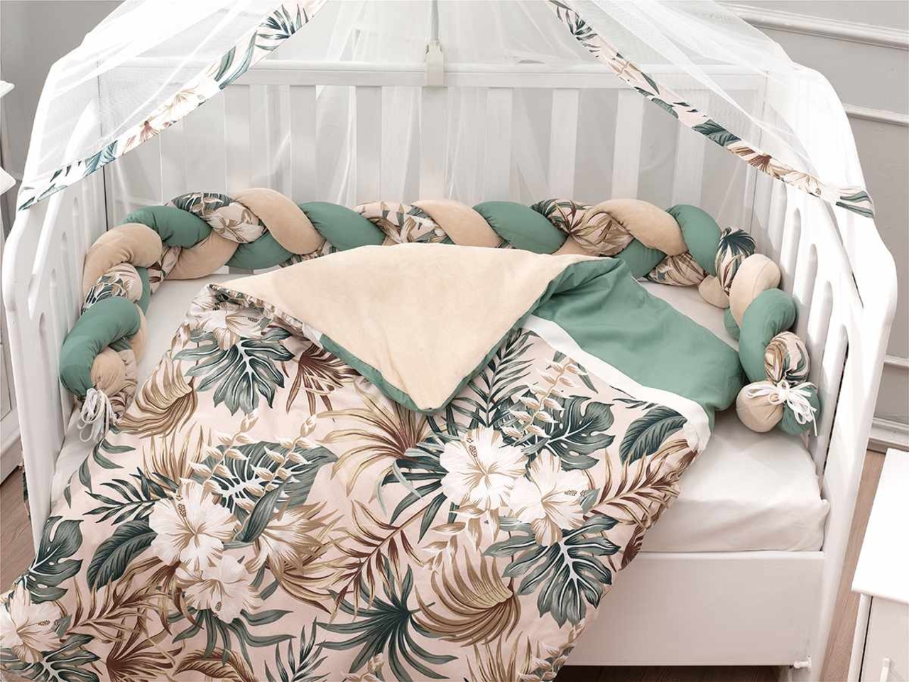 Set de dormit pentru bebelusi cu protectie laterala, Wallxpert, Tropical, Green / White / Brown