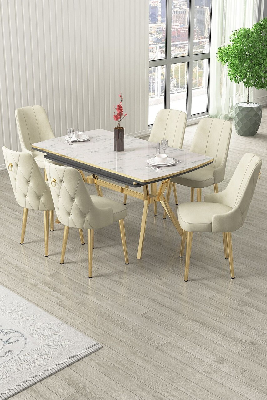 Set masa extensibila si scaune (7 piese), Hanah Home, Nis, Model de marmură albă / Auriu / Crem