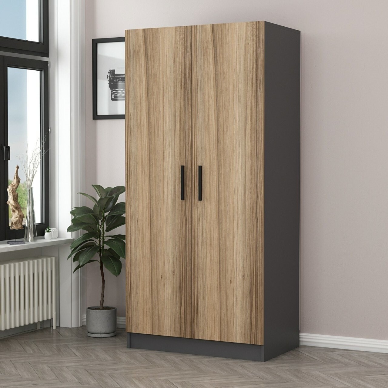 Dulap pentru haine, Minerva, Kale Anthracite Gold, 90x210x52 cm, PAL, Antracit / Stejar - 1 | YEO