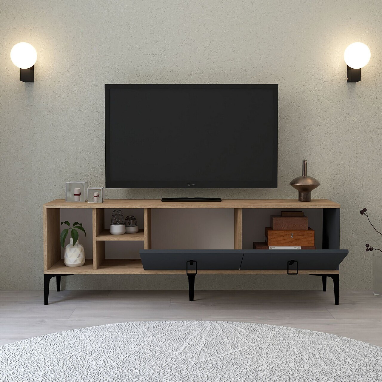 Comoda TV, Hanah Home, Era 3505, 150x50x35 cm, PAL, Stejar safir / Antracit — imaginea 2
