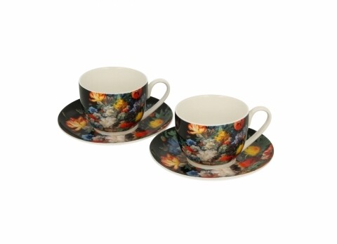 Set 2 cesti pentru espresso cu farfurie Bouquet, Duo, portelan, negru