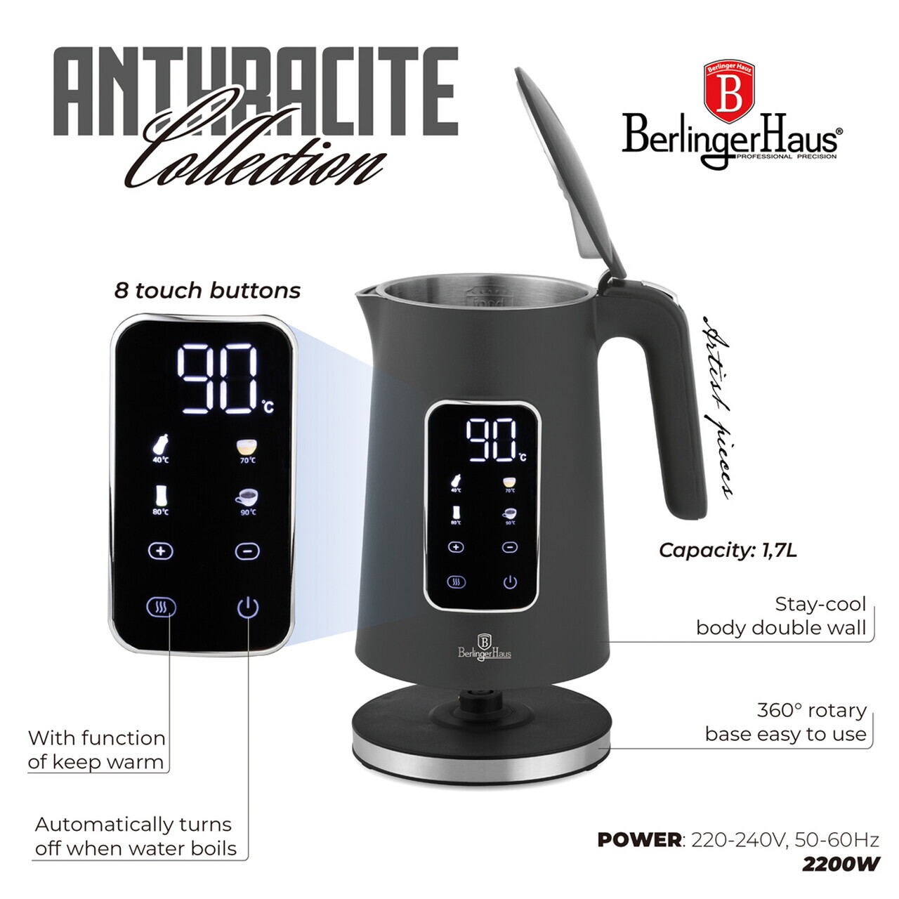Ceainic electric digital Berlinger Haus, Anthracite, 1.7 L, plastic/inox, antracit mat - imagine 7