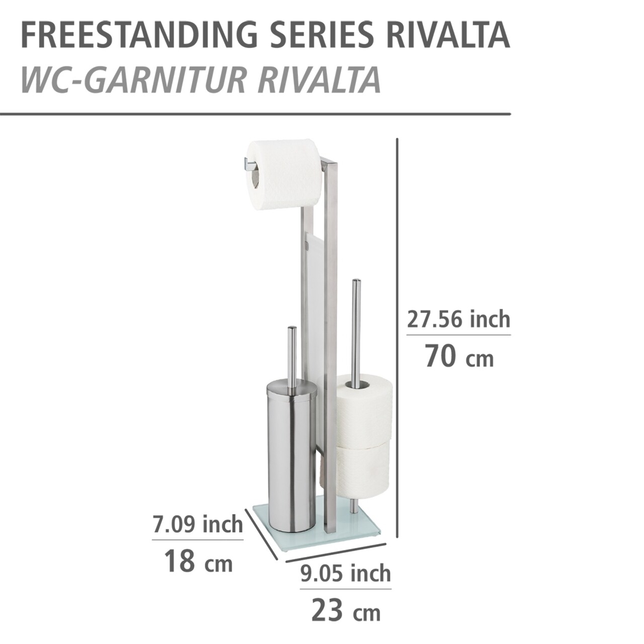 Suport hartie igiienica si perie toaleta, Wenko, Rivalta, 18 x 70 x 23 cm, inox/sticla temperata/polipropilena, gri/alb - 1 | YEO