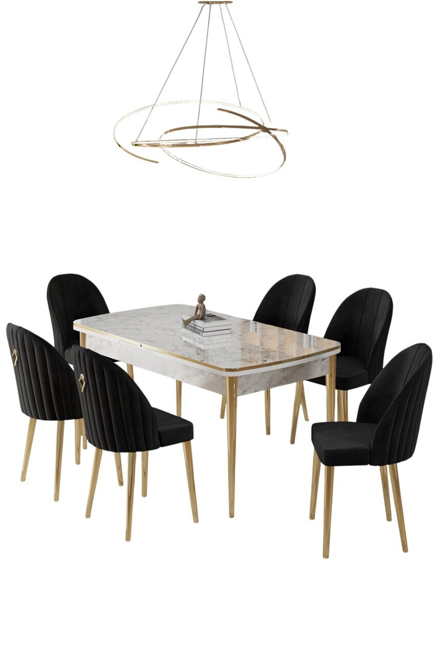 Set masa extensibila si scaune (7 piese), Hanah Home, Rada, Model de marmură albă / Auriu / Negru — imaginea 2