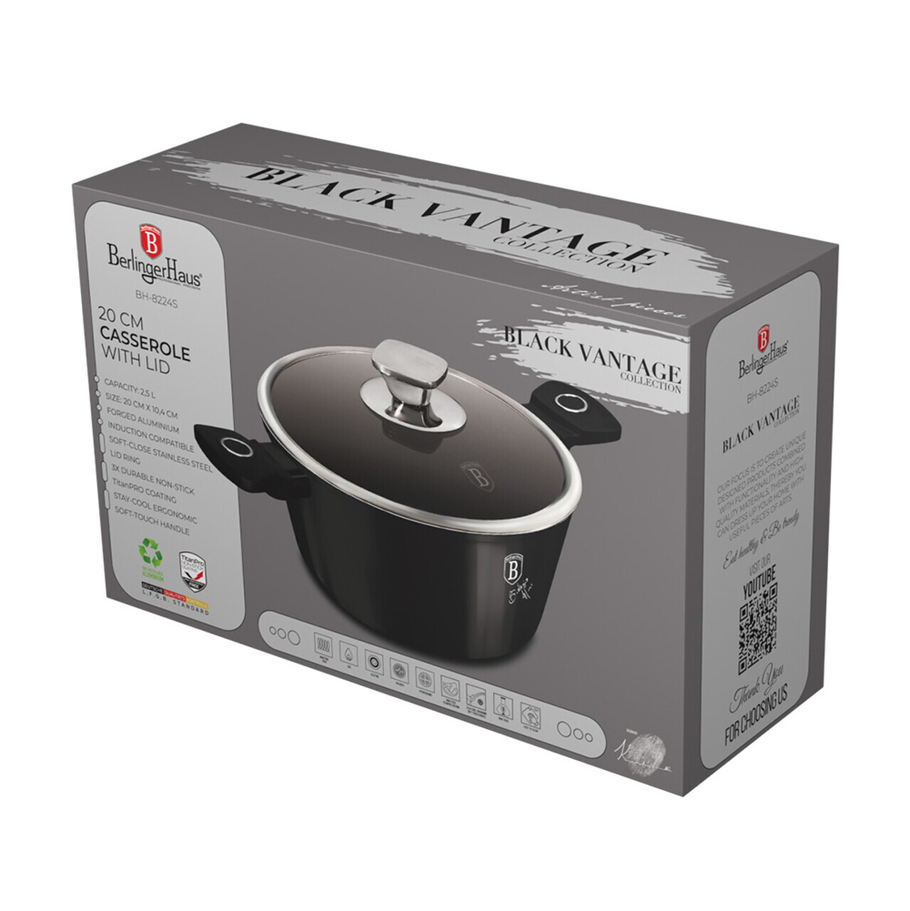 Oala cu capac Berlinger Haus, Black Vantage, 20 cm, 2.5 L, aluminiu forjat, negru lucios - imagine 4