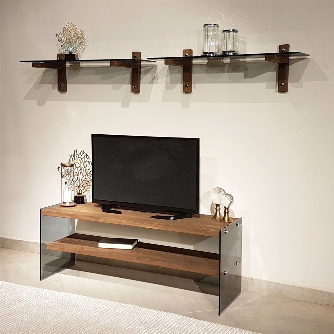 Comoda TV Cu Rafturi De Perete Neostill TV102, 120 X 45 Cm/85 X 25 Cm, Walnut